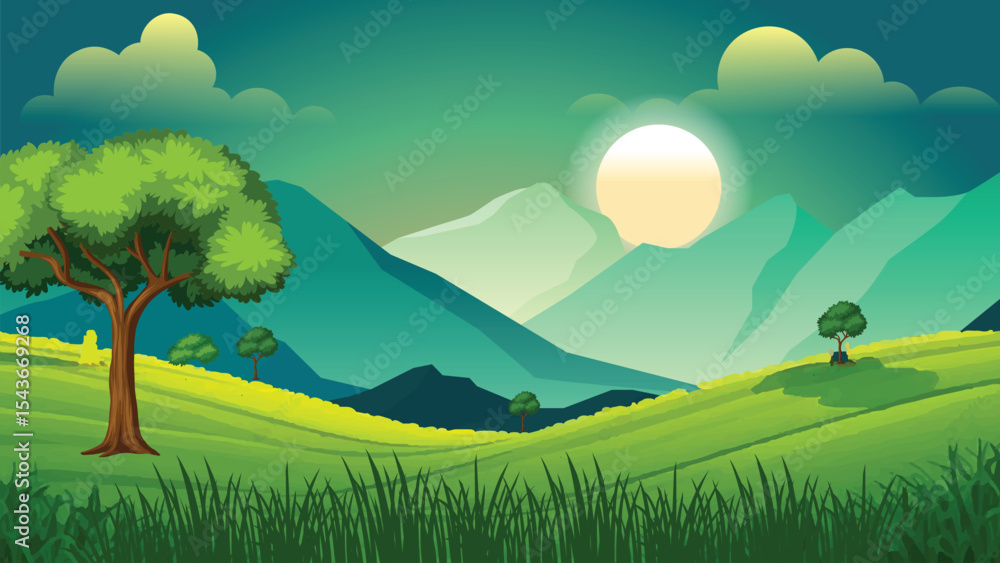 Fototapeta premium Silhouette sunset mountain forest landscape vector illustration 