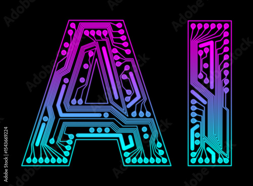 Circuit pattern forms AI letters, uppercase, bold, outlined. Vibrant, blending shades of purple and blue, set against black background. Concept of Artificial intelligence.