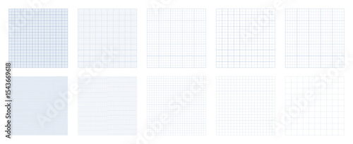 Set of ten different graph paper design seamless patterns with editable strokes on transparent background. Blueprint graph paper collection.