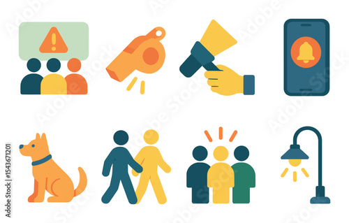 Neighborhood safety icons set – flat, community security and protection symbols