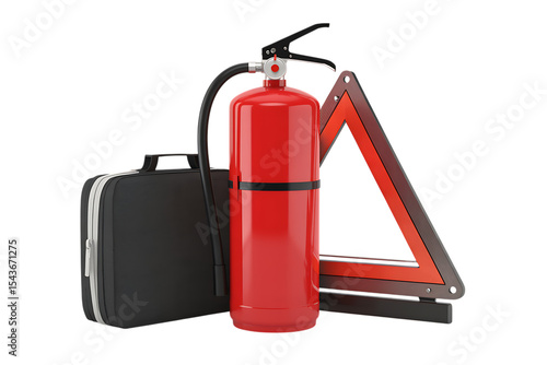 Car emergency kit fire extinguisher warning triangle isolated on transparent background