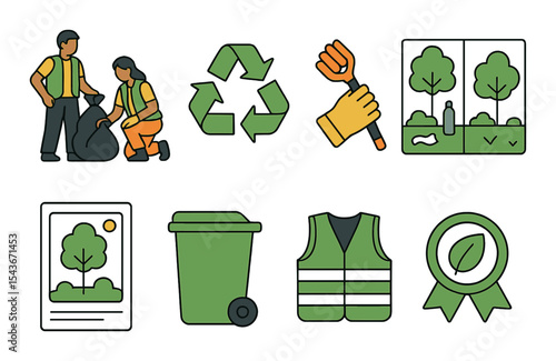 Eco cleanup icons set - outline, environmental and waste management symbols