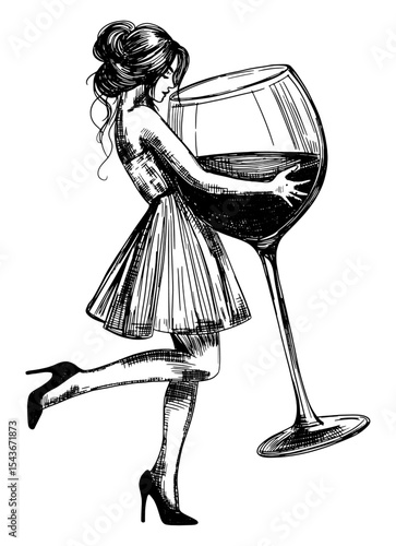 woman holding oversized wine glass isolated hand drawn sketch illustration gracefully balancing on one leg in dress and high heels poster card design