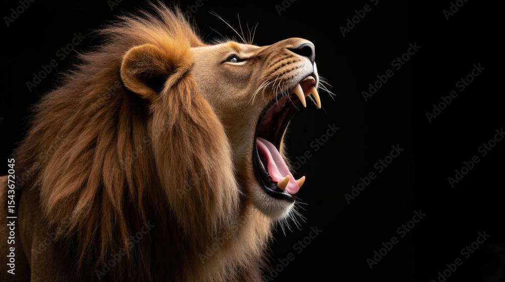 Naklejka premium Majestic lion roaring with powerful expression, showcasing its impressive mane and sharp teeth against dark background