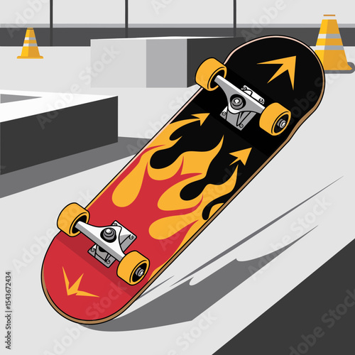 Red Black Yellow Skateboard Deck Flame Design Illustration Graphic Sport Extreme Action Skateboarding Activity Recreation Fun Lifestyle Youth Culture Urban Trendy Cool Modern Artistic Vector Image    