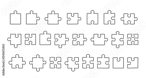 Puzzle separate pieces set simple outline doodle hand drawn illustration, line jigsaw game design elements for kids and adults