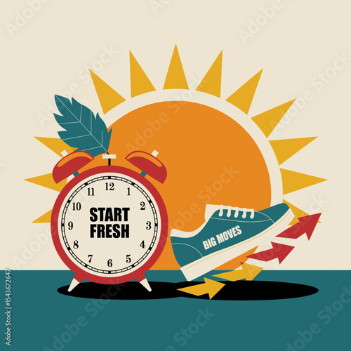 Motivational Morning Start Fresh New Day Big Moves Alarm Clock Sunrise Graphic Design Illustration Positive Energy Fresh Start New Beginnings Daily Routine Inspiration Success Goals Achievement       