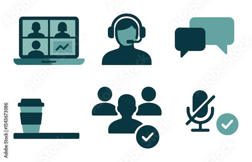 Remote collaboration icons set – silhouette, teamwork and communication symbols