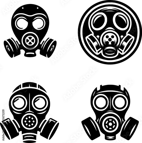 set of minimalist outline gas mask icon in black and white, symbolizing war survival and toxic zones.