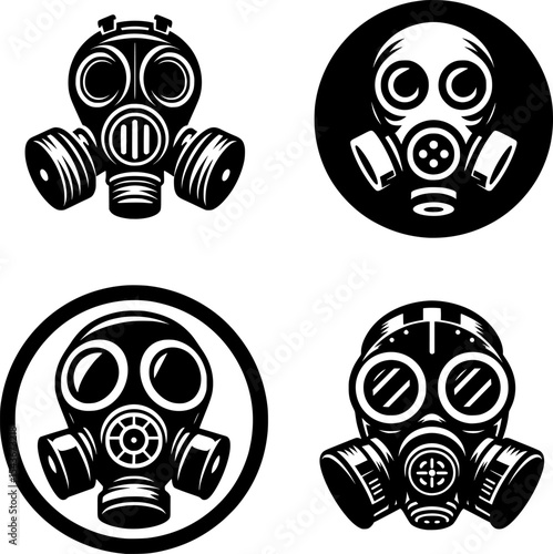 set of minimalist outline gas mask icon in black and white, symbolizing war survival and toxic zones.