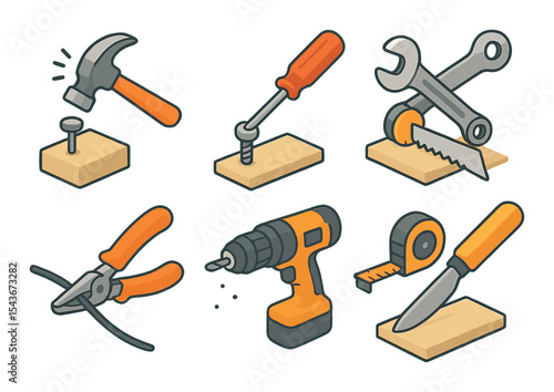 Essential hand tools icons set – flat, diy and repair tool symbols