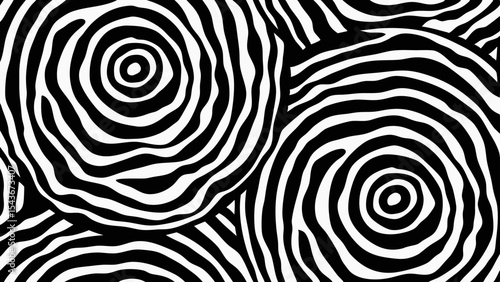 Abstract black and white concentric circles pattern with irregular lines and organic shapes design element