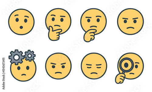 Thoughtful faces icons set – flat, expressive and emotion design symbols