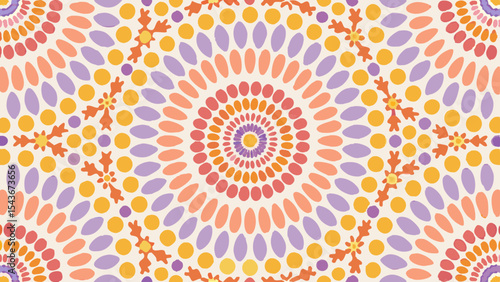 Circular floral pattern with symmetrical arrangement of colorful dots and flower shapes design element