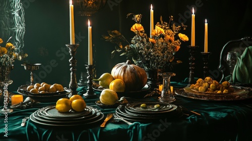 Dark Moody Autumn Table Setting with Pumpkins  Candles  and Fruit