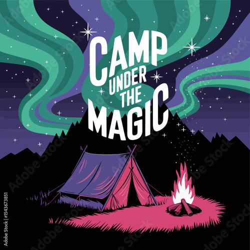 Night Camping Scene Under Magical Aurora Borealis Stunning Colorful Night Sky Tent Bonfire Adventure Wilderness Nature Graphic Illustration Design Artwork Artistic Peaceful Serene Tranquil Relaxing   