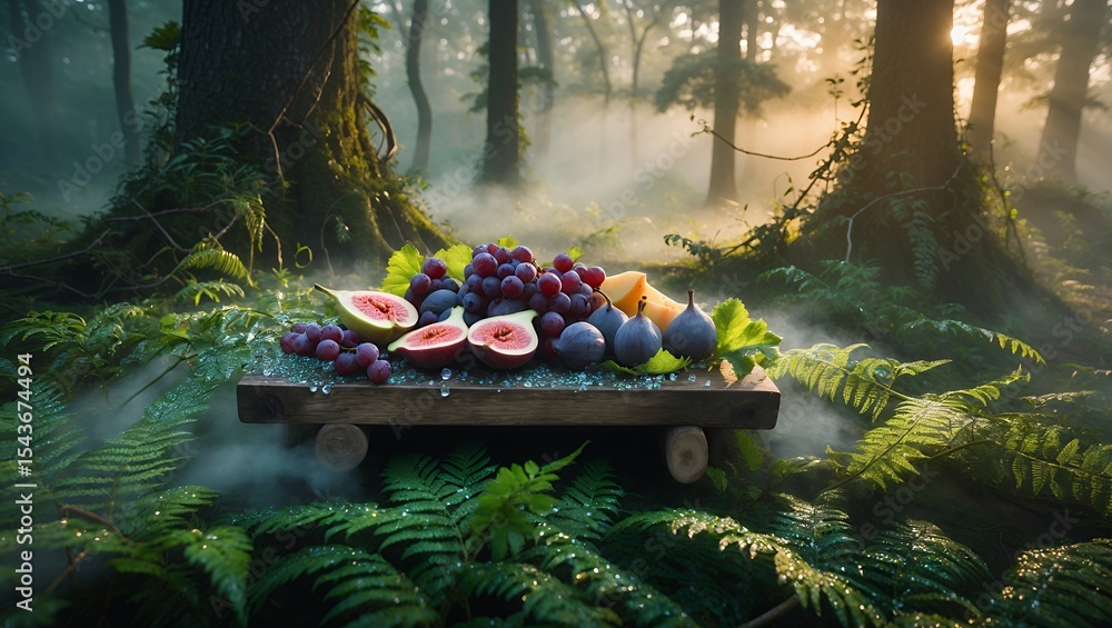 Obraz premium Fruit Arrangement with Grapes and Figs in Mystical Forest Setting