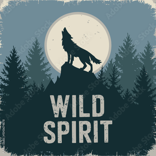 Majestic Wolf Howling at Night Under Full Moon Serene Wilderness Forest Silhouette Dark Blue Mountains Vintage Style Graphic Design Nighttime Wildlife Nature Art Print Poster sky canid trees woods    