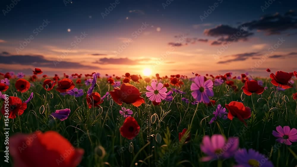 Vibrant Field of Red And Purple Flowers Blossoming Beneath A Golden Sunset Sky Vibrant Field of Red And Purple Flowers Blossoming Beneath A Golden Sunset Sky
