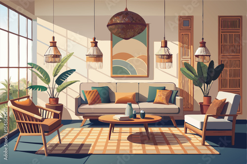 Modern Bohemian Living Room Interior Design with Sunlight and Plants