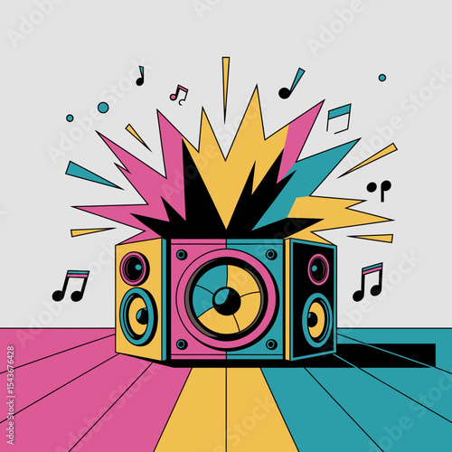 Retro Stereo System Colorful Music Explosion Design Vibrant Pop Art Style Graphic Illustration Audio Speaker Boom Sound Waves Dynamic Energy Modern Digital Art Print Background Excellent Quality Image