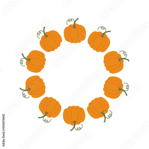 Autumn pumpkin frame. Autumn circle frame. Round border made of fall pumpking in green and orange. Vector flat isolated on white background.	
