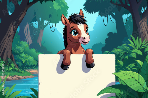 Cute foal holding blank sign in lush jungle