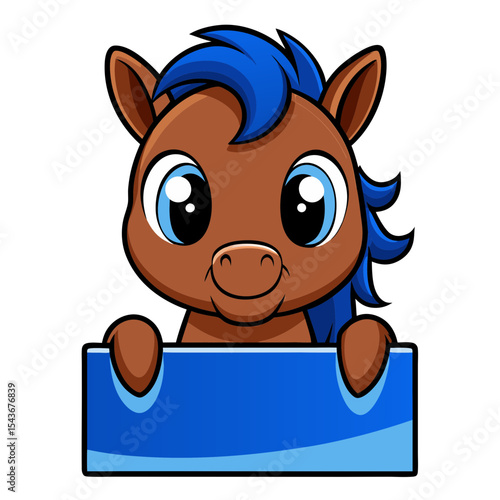 Cute brown pony with blue hair holding blank sign