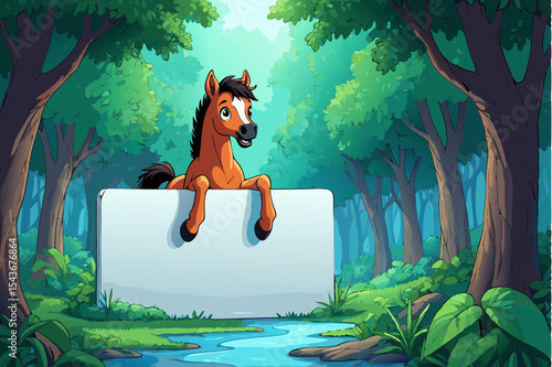 Cute foal holding blank sign in lush jungle