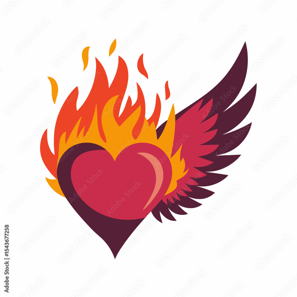 Fototapeta premium Fiery Heart with Wings Passionate Love Romantic Design Graphic Illustration Vector Art Burning Heart Wings Symbolism Red Orange Yellow Colors Abstract Heart Shape Design Element Bold Graphic Style 