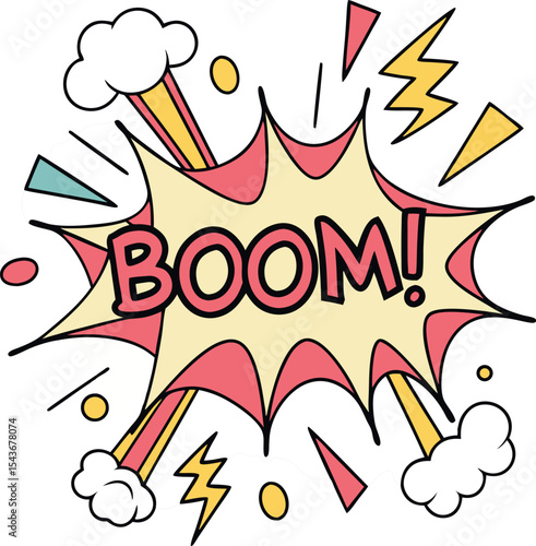  comic style explosion with boom in bold pop art on transparent background, t-shirt design or sticker ready to print