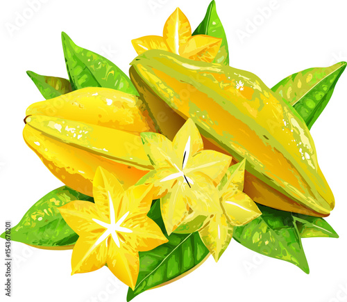A whole starfruit accompanied by sliced pieces and leaves. Ideal for culinary, tropical, or botanical themes