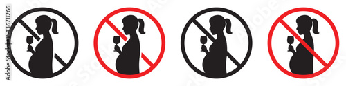 No Alcohol During Pregnancy Vector Signs – Silhouette Icons for Pregnant Women Awareness, vector illustration.