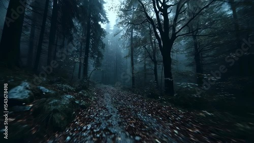 Misty forest path in autumn. Dark moody woodland scene with fallen leaves. Spooky atmospheric landscape for horror movie or book cover. Eerie nature photography.