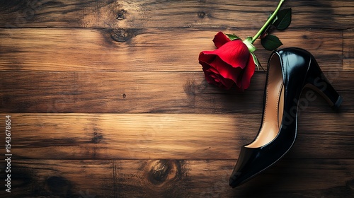 Elegant Black High Heel Shoe and Single Red Rose on Rustic Wood Background