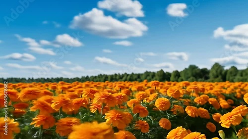 Vibrant Orange Marigold Field Under Bright Blue Sky with Fluffy Clouds