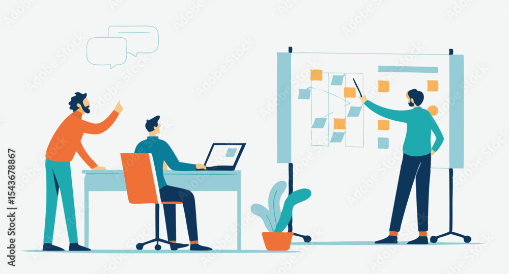 Illustration of business people working in an office with computers, graphs, and presentation concepts Illustration of business people working in an office with computers, graphs, and presentation concepts