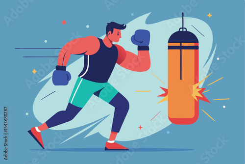 man boxing with punching bag in gym, gloves flying, energy lines around, sporty vector illustration