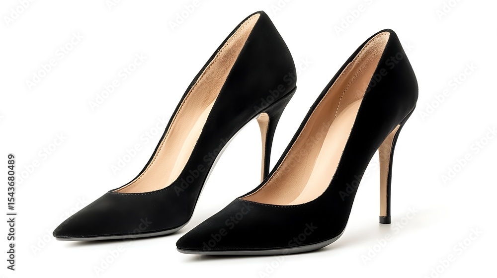 Elegant black high heels, pointed toe pumps, stylish footwear isolated on white background Elegant black high heels, pointed toe pumps, stylish footwear isolated on white background