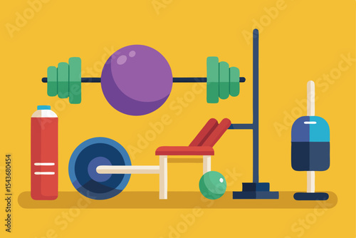 vector pack of gym equipment: dumbbells, bench press, rowing machine, and medicine ball
