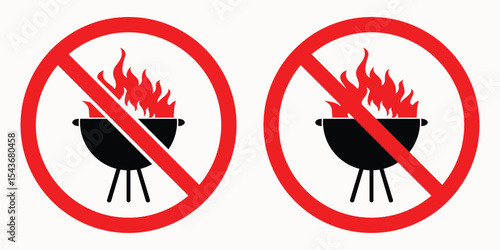 No Barbecue and Grill Allowed Signs – Black & White Vector Prohibition Icons Set, 