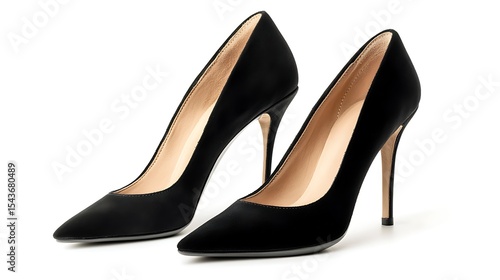 Elegant black high heels, pointed toe pumps, stylish footwear isolated on white background