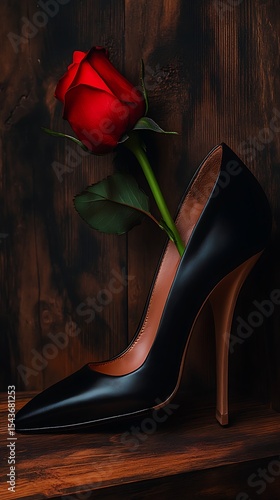 Elegant Black High Heel with Vibrant Red Rose Against Rustic Wood Background