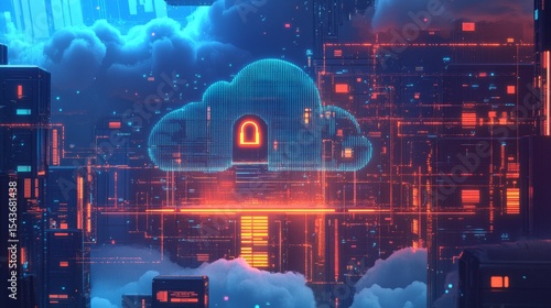 Cloud tech stores and manages data. A digital lock on a cloud shows info moving between big and small storage spaces, all on a network.
