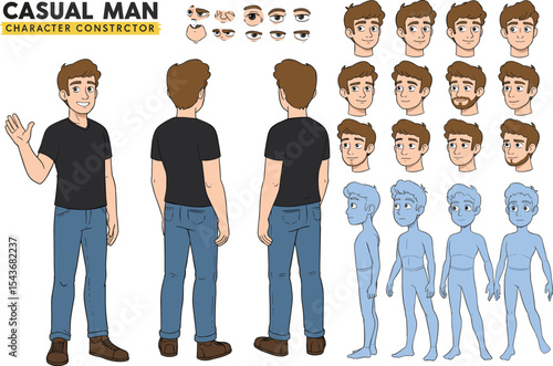 Casual man character constructor kit, cartoon vector set, front and back view, facial expressions, eye and body part options