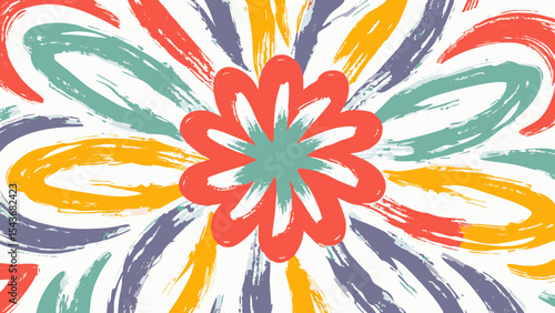 Abstract flower with brush strokes in red teal yellow and purple on a white textured background art