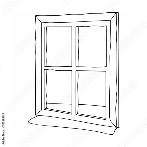 Line art drawing of a four pane window with sill black and white