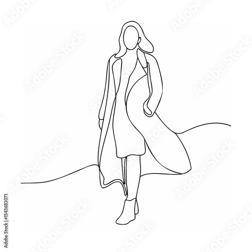 Single Line Drawing Woman Walking in Coat Dress Boots