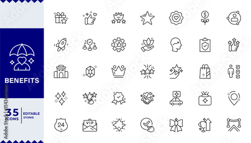 BENEFITS LINE ICON SET, Pay raise, maternity rest, health and life insurance, paid vacation, Employee benefits line icon set. Maternity leave, paid leave, insurance,bonuses, Editable stroke.