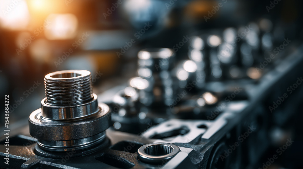 Naklejka premium Automotive engine close-up with tools on workbench, precision and craftsmanship in focus